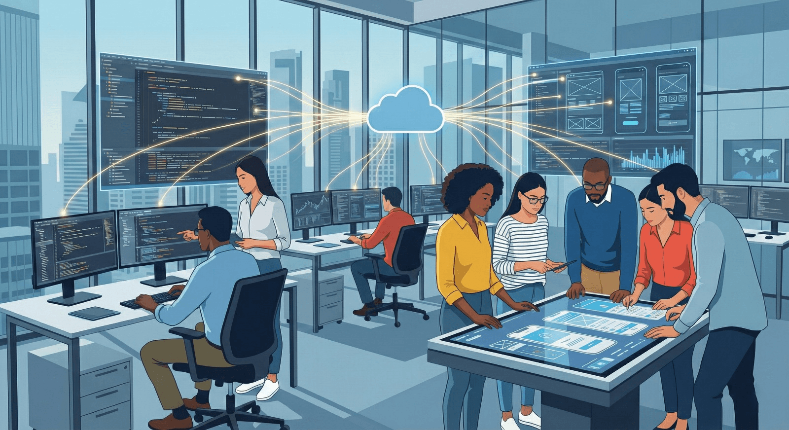 Professional Software Engineering Team collaborating on a technical project