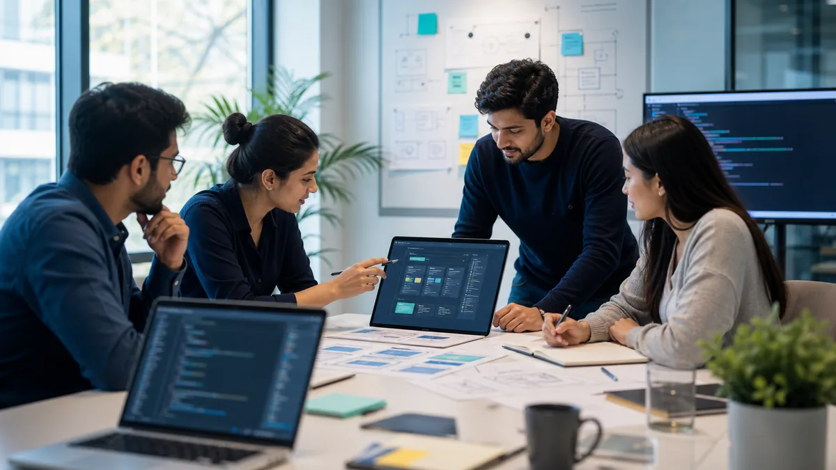 Software engineering team reviewing product strategy and technical architecture